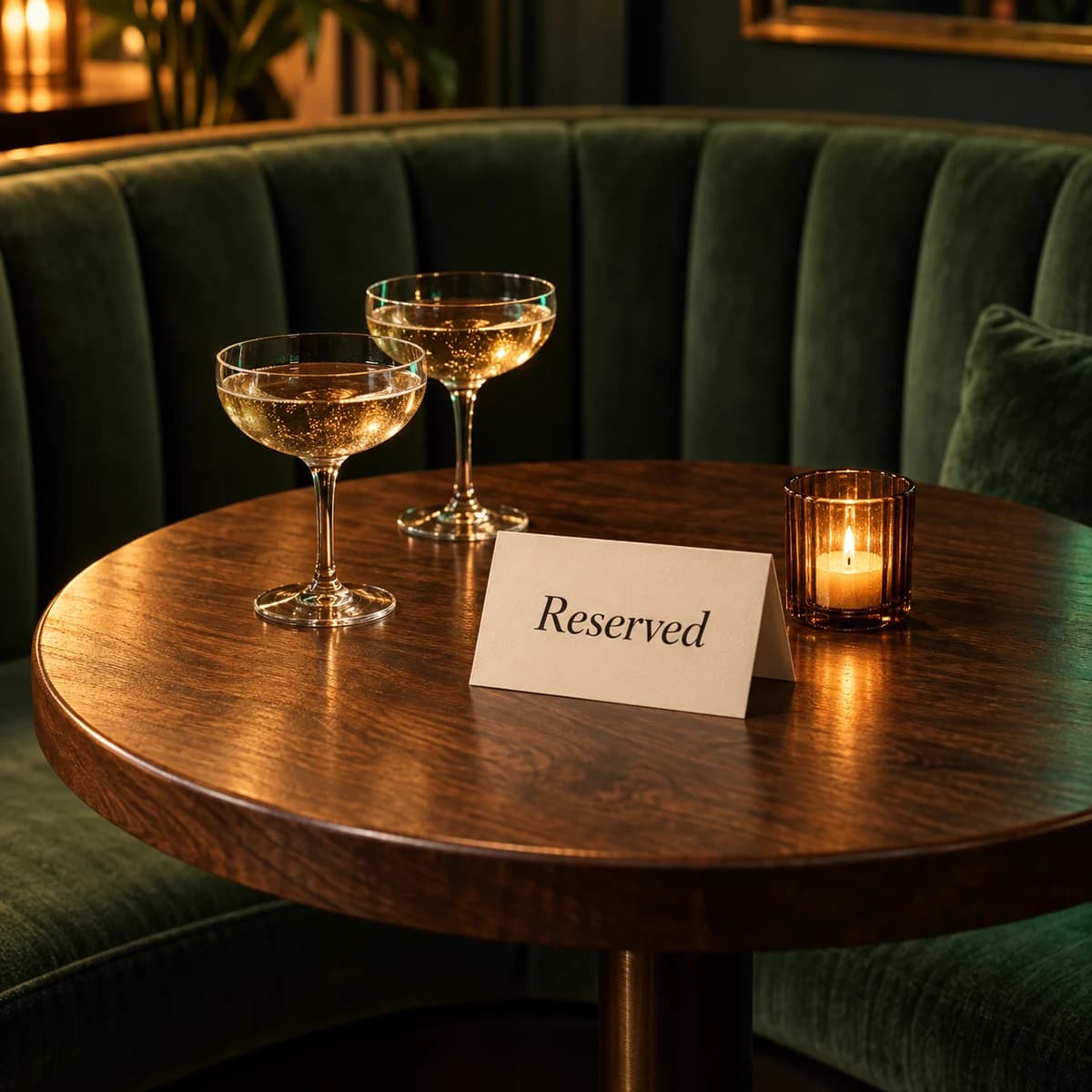 A reserved lounge table with coupe glasses and candlelight beside a green booth